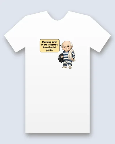 John Quincy Adams tee mockup: John Quincy Adams, bald with white tufts of hair, in a blue-and-white striped bathing suit with a towel over one shoulder and a dripping coat over his arm, saying “Morning swim in the Potomac. Presidential perks.”