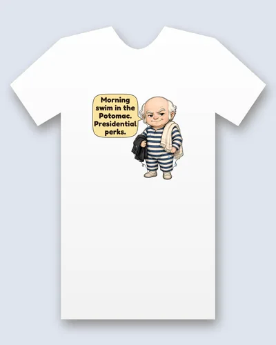 John Quincy Adams tee mockup: John Quincy Adams, bald with white tufts of hair, in a blue-and-white striped bathing suit with a towel over one shoulder and a dripping coat over his arm, saying “Morning swim in the Potomac. Presidential perks.”