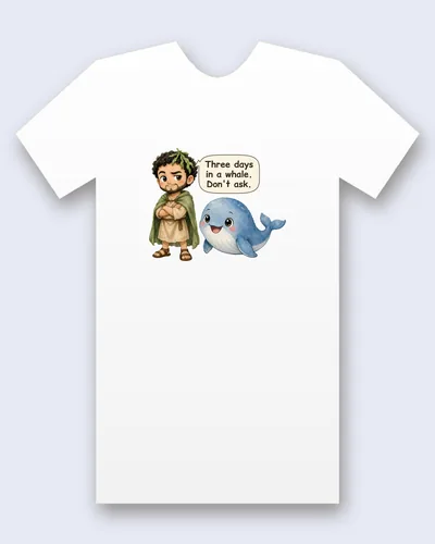 Jonah and the Whale tee mockup: Jonah in a leafy crown and green cloak with his arms crossed, beside a big smiling blue whale, saying “Three days in a whale. Don't ask.”