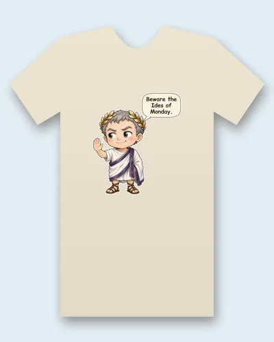 Julius Caesar tee mockup: Julius Caesar in a purple-bordered toga and golden laurel wreath, one hand raised, saying “Beware the Ides of Monday.”