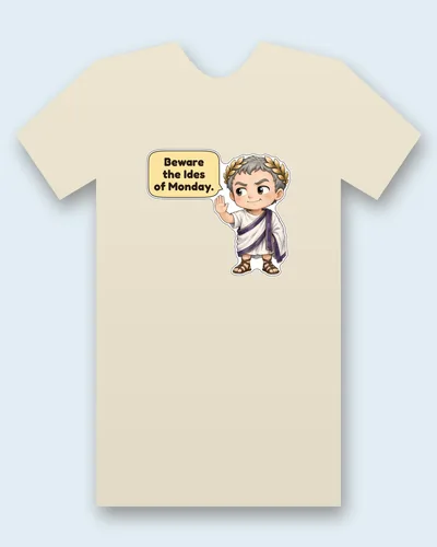 Julius Caesar tee mockup: Julius Caesar in a purple-bordered toga and golden laurel wreath, one hand raised, saying “Beware the Ides of Monday.”