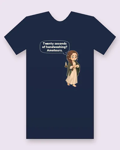 Lady Macbeth tee mockup: Lady Macbeth sleepwalking in a cream nightgown and a green shawl, with a long braid, holding a small lit candle, saying “Twenty seconds of handwashing? Amateurs.”