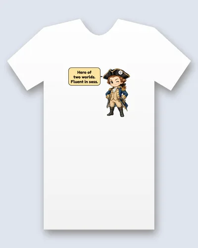 Marquis de Lafayette tee mockup: Marquis de Lafayette with auburn curls and a wink, in a black bicorne with a white cockade and a blue coat with gold epaulettes, a sword at his side, saying “Hero of two worlds. Fluent in sass.”
