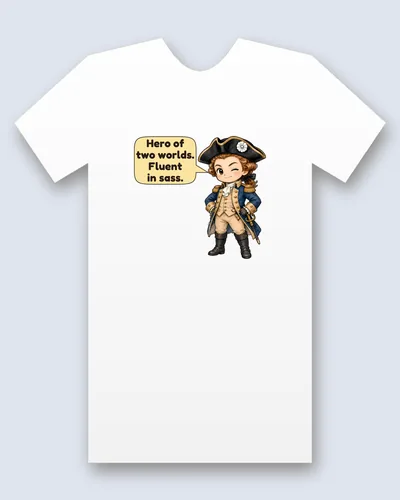 Marquis de Lafayette tee mockup: Marquis de Lafayette with auburn curls and a wink, in a black bicorne with a white cockade and a blue coat with gold epaulettes, a sword at his side, saying “Hero of two worlds. Fluent in sass.”