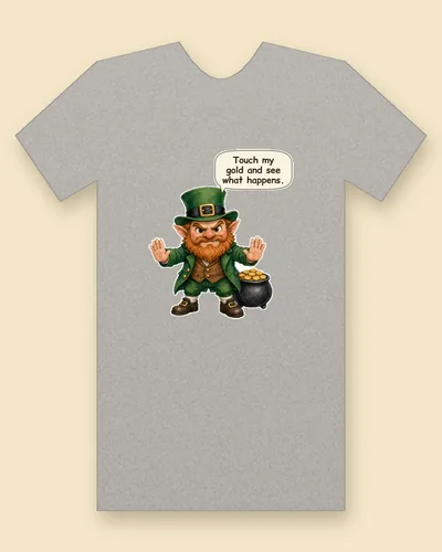 Leprechaun tee mockup: a scowling, red-bearded leprechaun in a green top hat with a gold buckle and a green coat, both hands raised, next to a pot of gold coins, saying “Touch my gold and see what happens.”