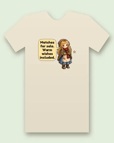 Little Match Girl tee mockup: A little match girl with long golden curls, a knitted cap, a red scarf and a patched shawl, holding out a small box of matches, saying “Matches for sale. Warm wishes included.”