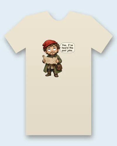 Marco Polo tee mockup: Marco Polo in a red cap, green tunic and travel cloak, holding an old route map and looking tired, saying “Yes, I've heard the pool joke.”