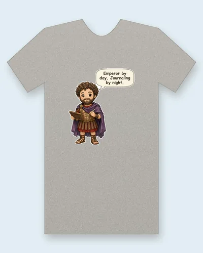 Marcus Aurelius tee mockup: Marcus Aurelius with curly brown hair and a beard, in bronze armor and a purple cloak, writing on a wax tablet with a stylus, saying “Emperor by day. Journaling by night.”