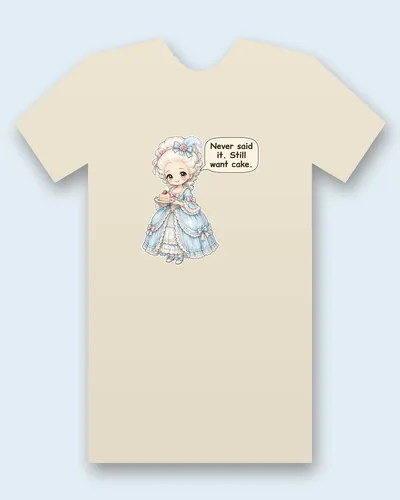 Marie Antoinette tee mockup: Marie Antoinette with towering powdered curls, a blue feather and a pink rose, in a pale blue gown with lace and pink bows, holding a slice of strawberry cake, saying “Never said it. Still want cake.”