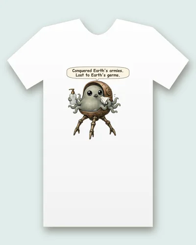 Martian Invader tee mockup: a round grey visitor from Mars with big dark eyes, riding a little brass three-legged walker and holding hand sanitizer and a tissue, saying “Conquered Earth's armies. Lost to Earth's germs.”