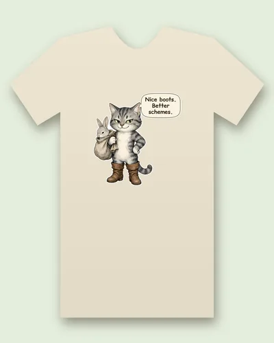 Master Cat tee mockup: a sly grey tabby cat in tall, slouchy brown boots, one paw on his hip, carrying a drawstring sack with a rabbit peeking out, saying “Nice boots. Better schemes.”