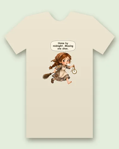 Midnight Ball Girl tee mockup: a girl with auburn curls and a brown kerchief, running in a patched grey servant's dress and apron with one shoe and one bare foot, holding a broom and a pocket watch, saying “Home by midnight. Missing one shoe.”