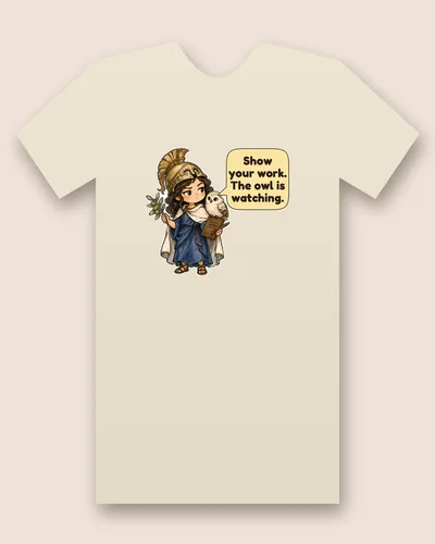 Minerva tee mockup: A young woman in a gold crested helmet, blue robe and white cloak, holding an olive branch, a scroll and a small owl, with a speech bubble beside her, saying “Show your work. The owl is watching.”