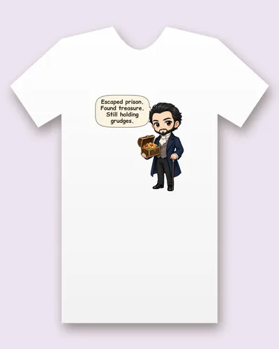 The Count of Monte Cristo tee mockup: the Count of Monte Cristo with dark swept-back hair and a beard, a navy frock coat and a white cravat, holding a chest of gold and jewels and a cane, saying “Escaped prison. Found treasure. Still holding grudges.”