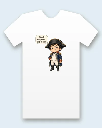Napoleon Bonaparte tee mockup: Napoleon Bonaparte in a black bicorne hat and blue coat with gold epaulettes and tall boots, saying “Small emperor. Big plans.”