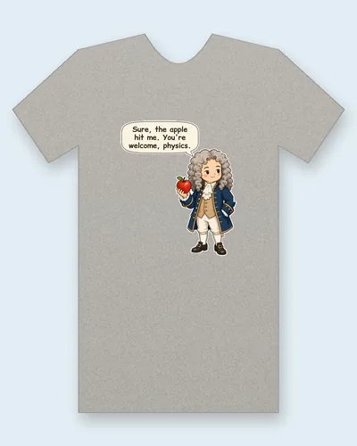 Isaac Newton tee mockup: Isaac Newton in a curly wig and blue coat, holding a red apple, saying “Sure, the apple hit me. You're welcome, physics.”