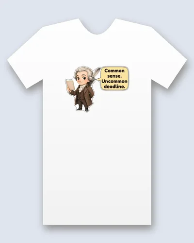 Thomas Paine (The American Crisis) tee mockup: Thomas Paine in a grey powdered wig and brown coat, holding up a pamphlet, a quill feather behind him, saying “Common sense. Uncommon deadline.”