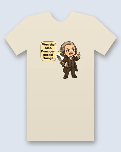 Patrick Henry tee mockup: Patrick Henry in a powdered grey wig and a brown frock coat, one finger raised, holding a feather quill, a scroll and a few coins, saying “Won the case. Damages: pocket change.”