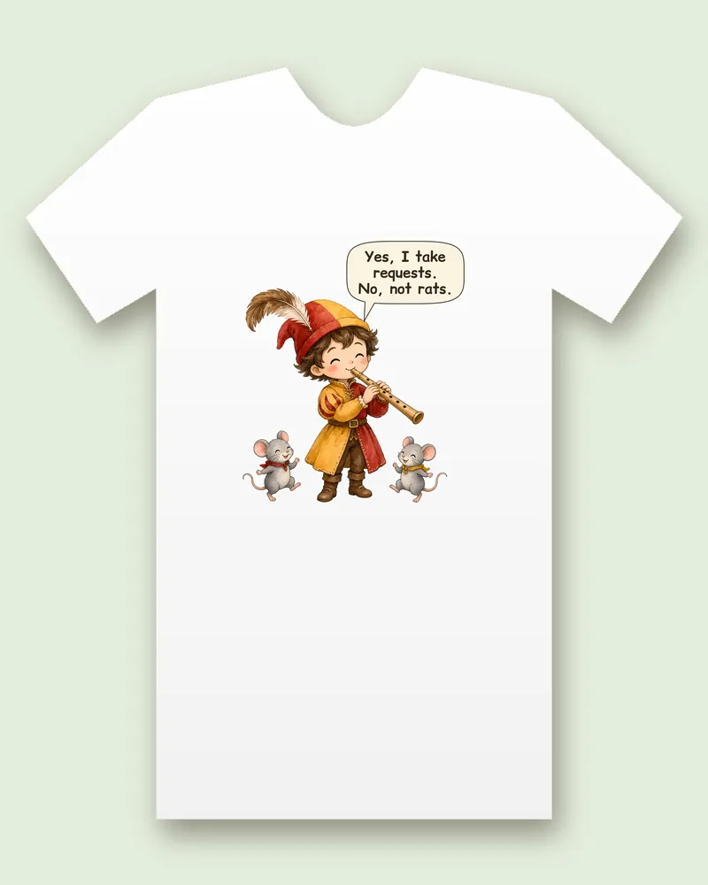Piper of Hamelin on a white tee mockup