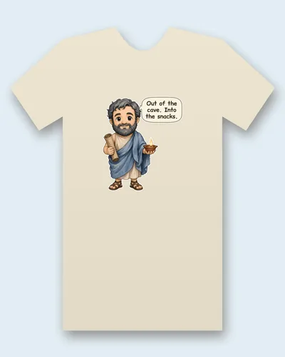 Plato tee mockup: Plato with curly dark hair and a beard, in a blue cloak over a cream tunic, holding a scroll and a small oil lamp, saying “Out of the cave. Into the snacks.”