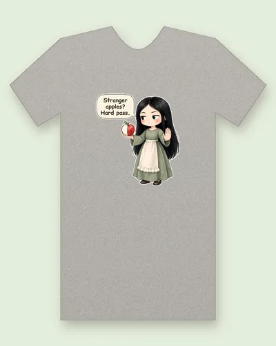 Poison Apple Princess tee mockup: a girl with long straight black hair in a sage green dress and a white apron, holding a half red, half white apple at arm’s length, palm up, saying “Stranger apples? Hard pass.”