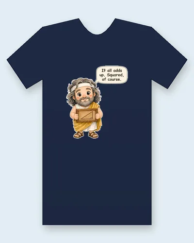 Pythagoras tee mockup: Pythagoras with long gray hair, a white headband and a long beard, in a gold cloak over a white tunic, holding a wax tablet with a right triangle on it in both hands, saying “It all adds up. Squared, of course.”