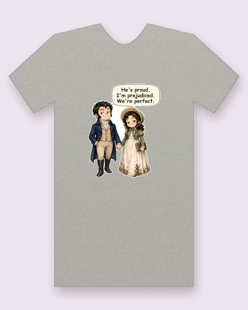 Pride and Prejudice Couple on a heather gray tee mockup