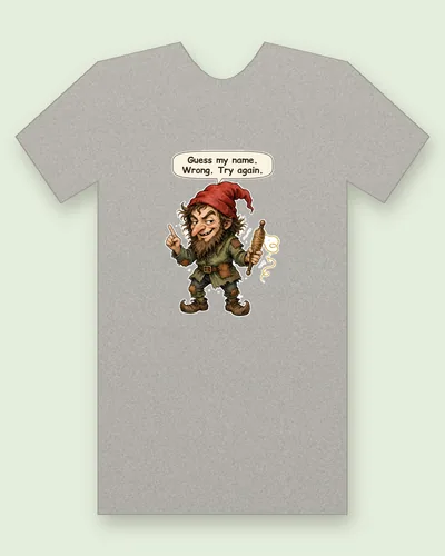 Rumpelstiltskin tee mockup: a scruffy little man with a long nose, a wild beard and a red pointed cap, in a patched green tunic, wagging a finger and holding a spindle wound with gold thread, saying “Guess my name. Wrong. Try again.”