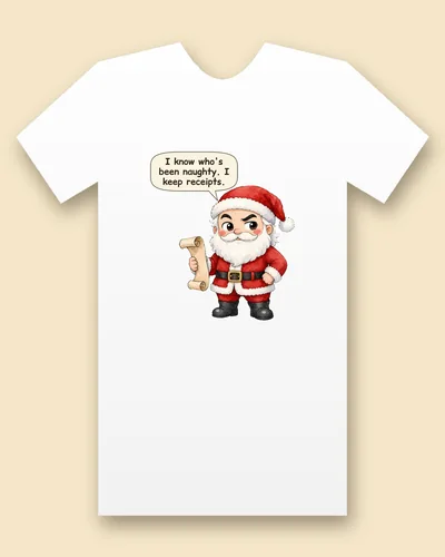 Santa tee mockup: Santa in a red suit and hat with a white beard, giving a side-eye and holding an unrolled scroll, saying “I know who's been naughty. I keep receipts.”