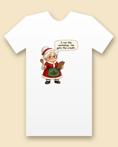 Santa's Wife tee mockup: Santa's wife with a wooden spoon and a clipboard, saying “I run the workshop. He gets the credit.”