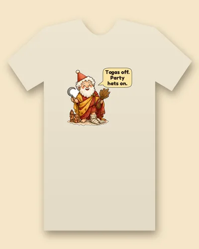 Saturnalia tee mockup: A smiling old man with a white beard in a red felt party cap and red and gold robes, holding a sickle and a sheaf of wheat, with wool wrapped around one foot and little clay figurines beside him, saying “Togas off. Party hats on.”