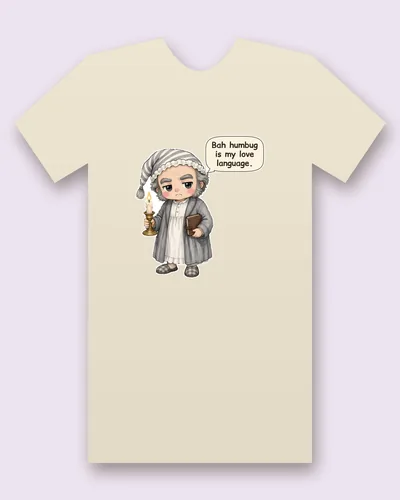 Victorian miser tee mockup: a grumpy Victorian miser in a striped nightcap, grey dressing gown and slippers, holding a lit candle and a ledger, saying “Bah humbug is my love language.”