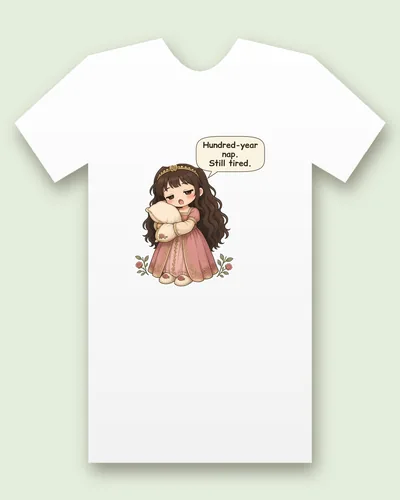 Sleeping Beauty tee mockup: a sleepy princess hugging a pillow, saying “Hundred-year nap. Still tired.”