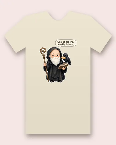 Saint Benedict of Nursia tee mockup: an abbot with a long white beard in a black hooded habit, holding a wooden crozier and an open book, with a black raven carrying bread on his shoulder, saying “Ora et labora. Mostly labora.”