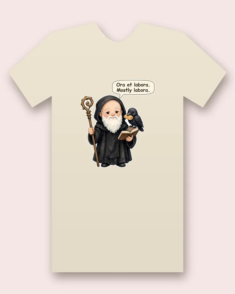 Saint Benedict of Nursia on a natural tee mockup