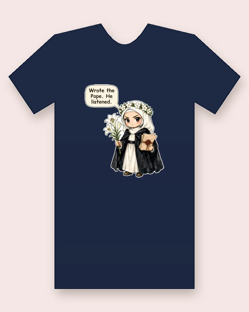 Saint Catherine of Siena on a navy tee mockup