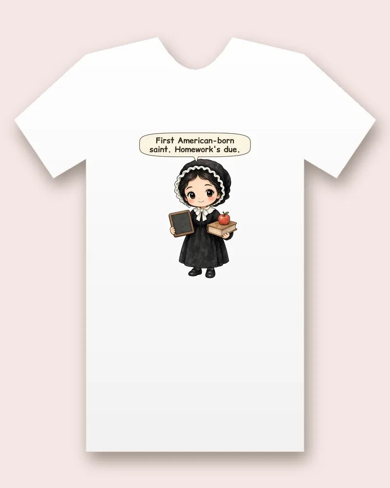 Saint Elizabeth Ann Seton on a white tee mockup