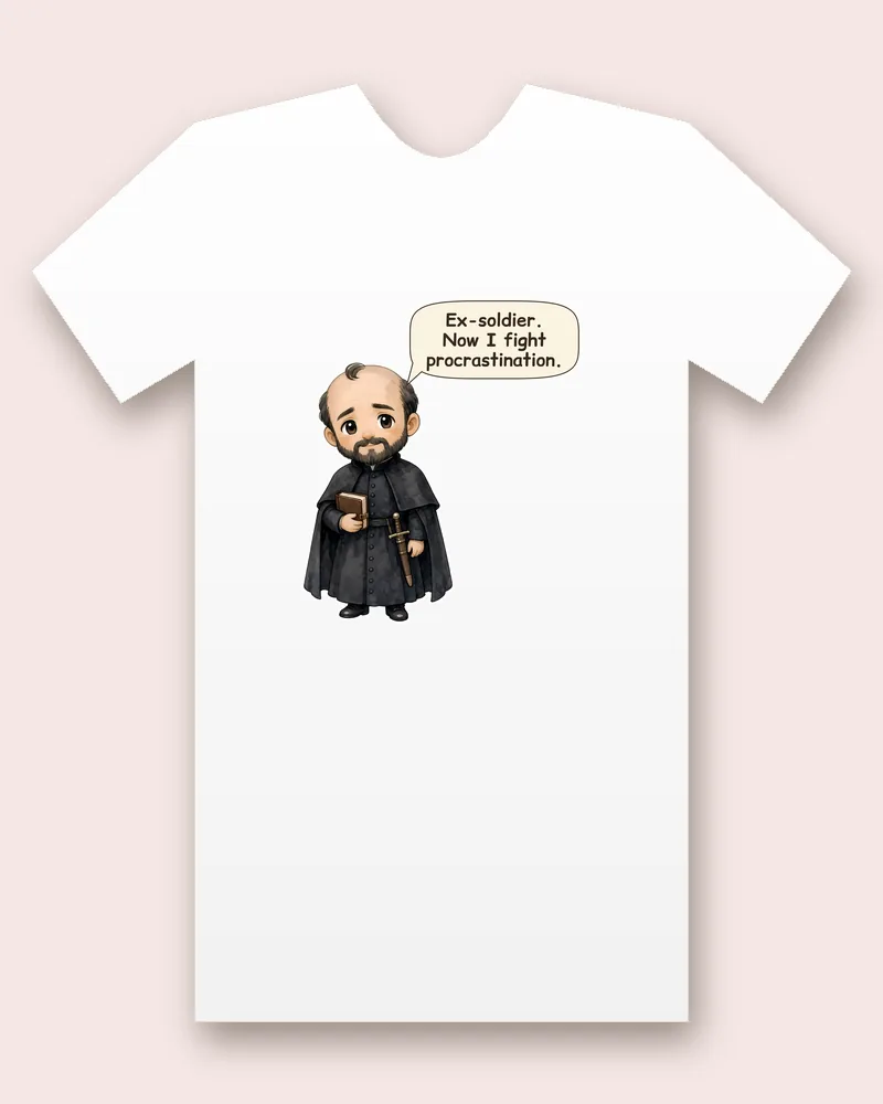 Saint Ignatius of Loyola on a white tee mockup