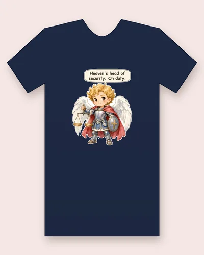 Saint Michael the Archangel tee mockup: an archangel with golden curls, big white wings, shining armor and a red cape, holding balance scales and a round shield marked with a cross, saying “Heaven's head of security. On duty.”