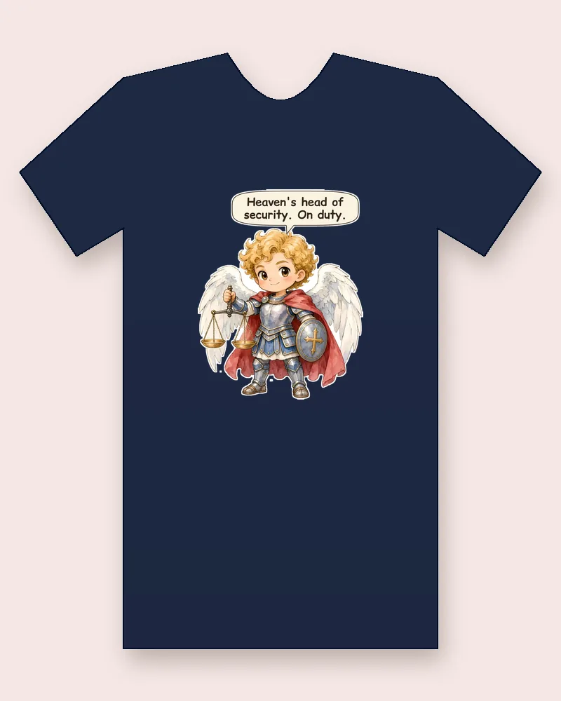 Saint Michael the Archangel on a navy tee mockup