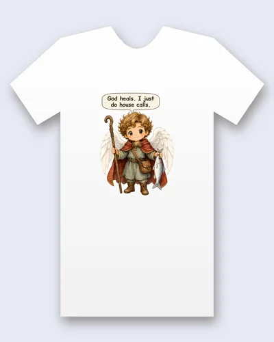Saint Raphael the Archangel tee mockup: an angel with golden brown curls, white wings, a red cloak and a green tunic, holding a wooden walking staff and a silver fish, with a leather satchel, saying “God heals. I just do house calls.”