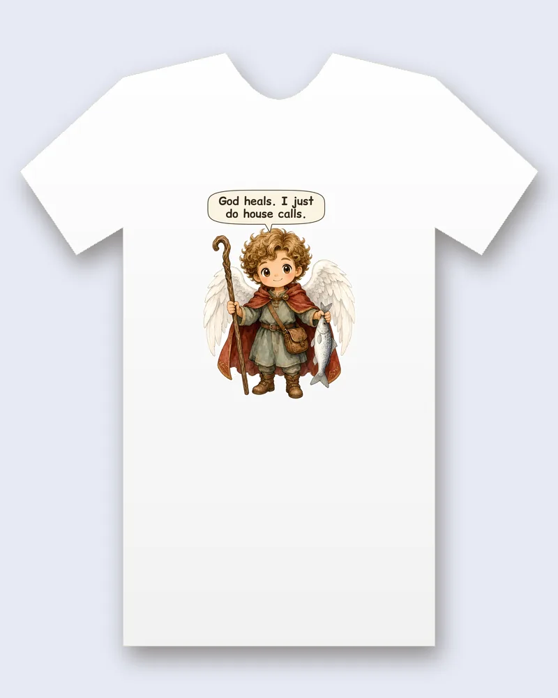 Saint Raphael the Archangel on a white tee mockup