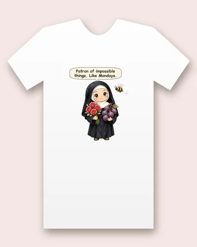 Saint Rita of Cascia tee mockup: a nun in a black veil and habit with a white wimple, holding red roses and a branch of purple figs, with a bumblebee buzzing beside her, saying “Patron of impossible things. Like Mondays.”