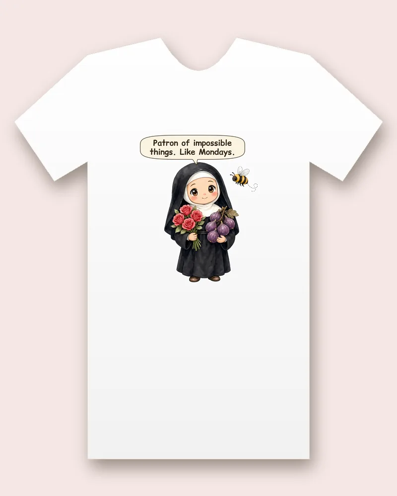 Saint Rita of Cascia on a white tee mockup