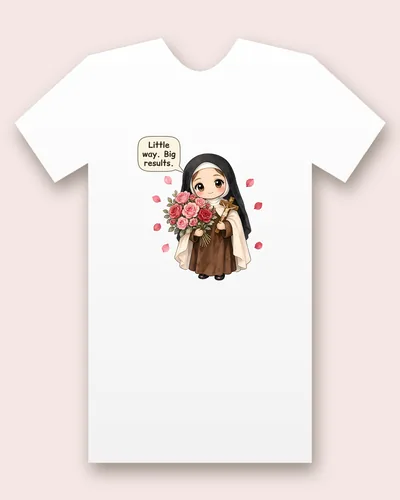 Saint Therese of Lisieux tee mockup: a young nun in a brown habit, cream mantle and black veil, holding a big bouquet of pink and red roses and a wooden crucifix, with rose petals drifting around her, saying “Little way. Big results.”