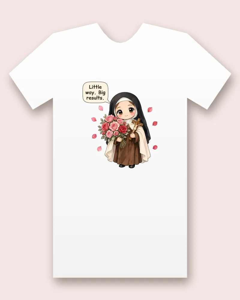 Saint Therese of Lisieux on a white tee mockup