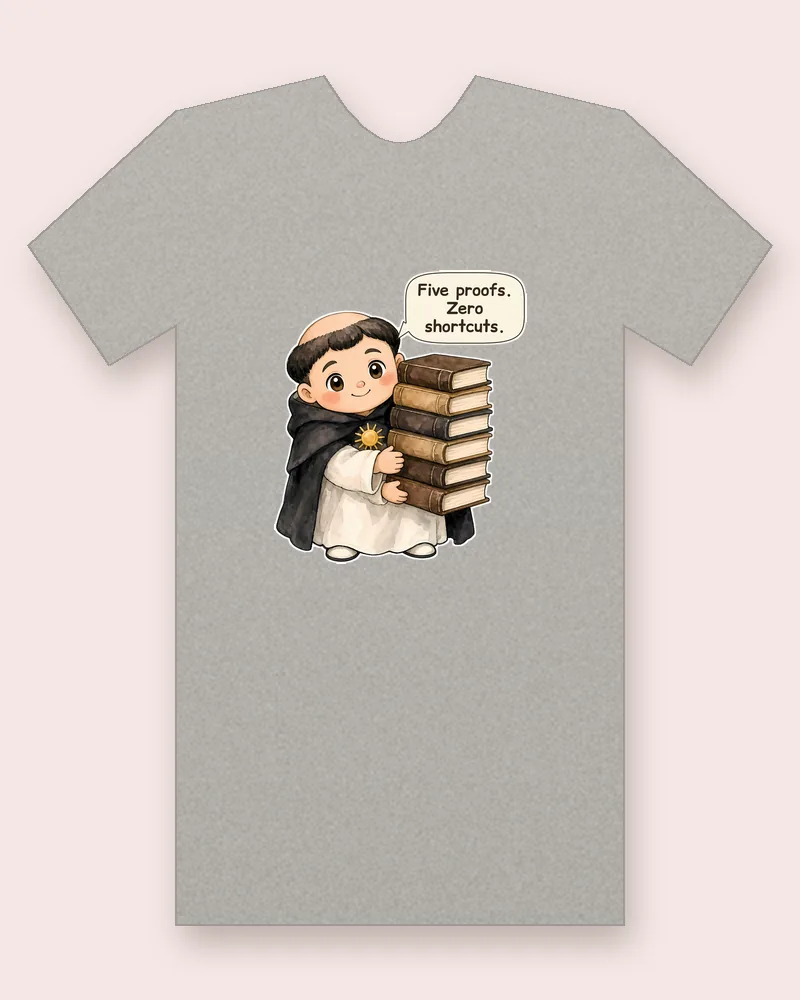 Saint Thomas Aquinas on a heather gray tee mockup