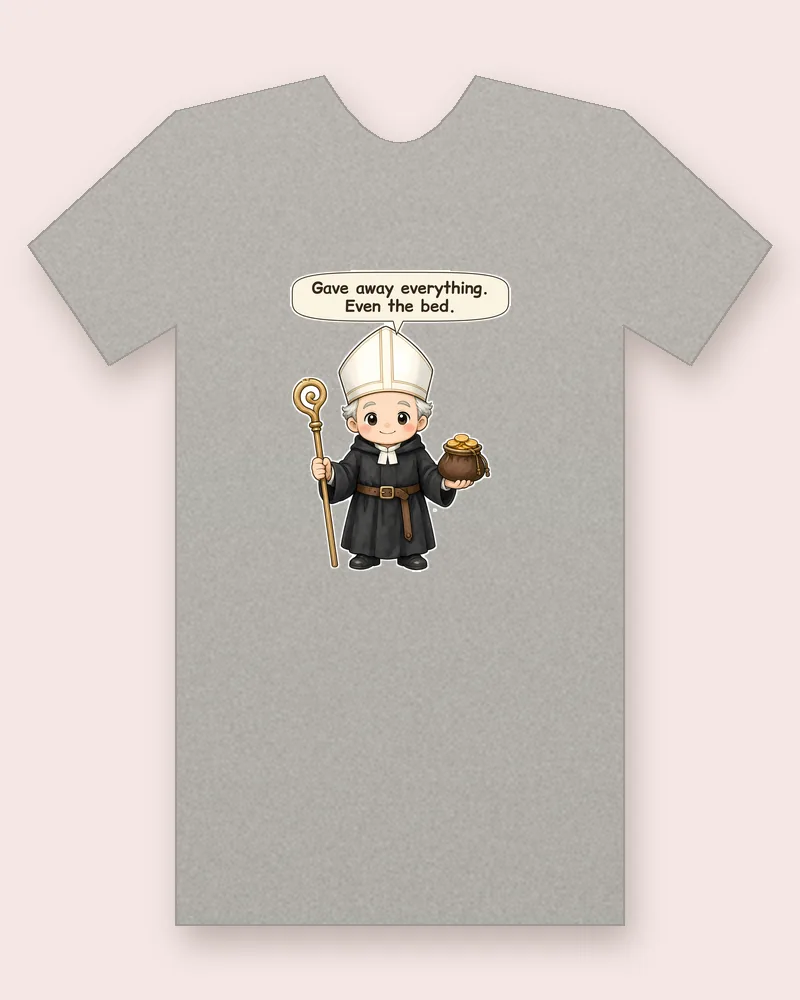 Saint Thomas of Villanueva, the Almsgiver on a heather gray tee mockup