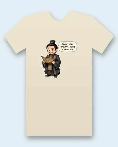Sun Tzu tee mockup: a strategist with a black topknot cap and hairpin, a neat goatee and layered dark robes with a woven vest, reading a bamboo scroll with a calm, knowing smile, saying “Know your enemy. Mine is Monday.”