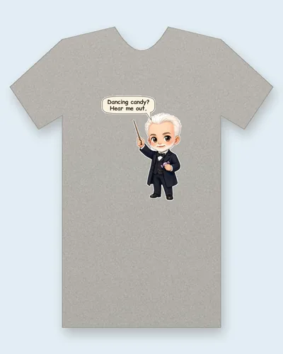 Pyotr Ilyich Tchaikovsky tee mockup: Pyotr Ilyich Tchaikovsky with white hair and a white beard, a navy frock coat, waistcoat and black bow tie, raising a conductor's baton and holding a wrapped purple candy, saying “Dancing candy? Hear me out.”
